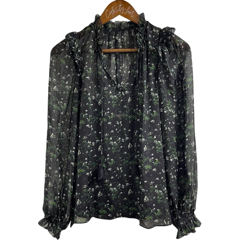 CAMI NYC Black Floral Blouse With Tank 100% Silk Ruffle XS Semi Sheer Designer